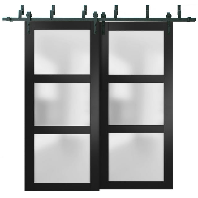 Sliding Closet Frosted Glass Barn Bypass Doors 72 x 96 inches | Lucia 2552 Matte Black | Sturdy Top Mount 6.6ft Rails Hardware Set | Wood Solid Bedroom Wardrobe Doors