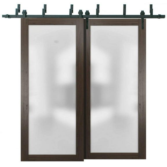 Sliding Closet Frosted Glass Barn Bypass Doors with Hardware | Planum 2102 Chocolate Ash | Sturdy 6.6ft Rails Hardware Set | Modern Wood Solid Bedroom Wardrobe Doors -84" x 84" (2* 42x84)