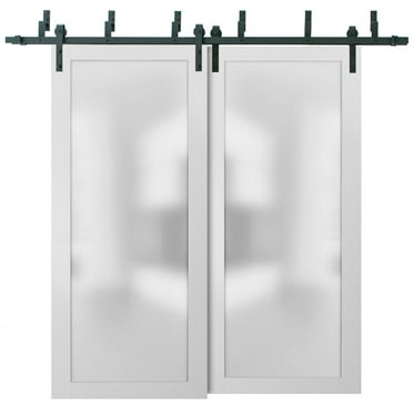 Sliding Closet Frosted Glass Barn Bypass Doors with Hardware | Planum 2102 White Silk | Sturdy 6.6ft Rails Hardware Set | Modern Wood Solid Bedroom Wardrobe Doors -36" x 96" (2* 18x96)-Frosted Glass