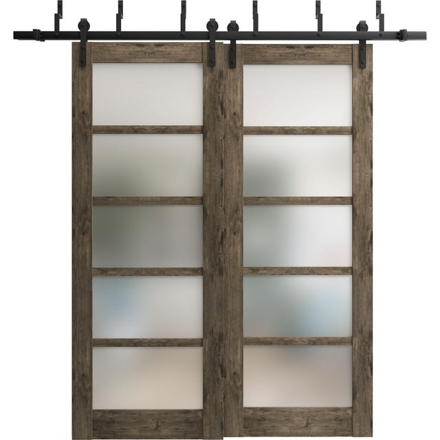 Sliding Closet Frosted Glass Barn Bypass Doors | Quadro 4002 Cognac Oak| Sturdy 6.6ft Rails Hardware Set | Wood Solid Bedroom Wardrobe Doors -36" x 84" (2* 18x84)