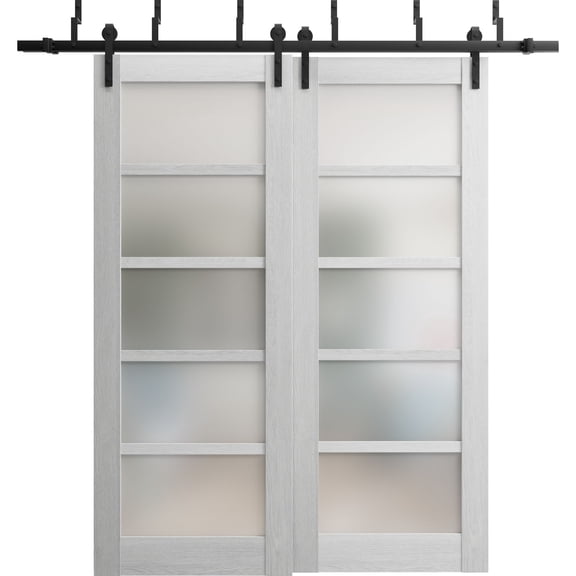Sliding Closet Frosted Glass Barn Bypass Doors | Quadro 4002 Light Grey Oak| Sturdy 6.6ft Rails Hardware Set | Wood Solid Bedroom Wardrobe Doors -64" x 80" (2* 32x80)