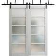 thumbnail image 1 of Sliding Closet Frosted Glass Barn Bypass Doors | Quadro 4002 Light Grey Oak| Sturdy 6.6ft Rails Hardware Set | Wood Solid Bedroom Wardrobe Doors -36" x 80" (2* 18x80), 1 of 6
