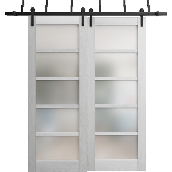 Sliding Closet Frosted Glass Barn Bypass Doors | Quadro 4002 Light Grey Oak| Sturdy 6.6ft Rails Hardware Set | Wood Solid Bedroom Wardrobe Doors -36" x 80" (2* 18x80)