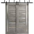 thumbnail image 1 of Sliding Closet Frosted Glass Barn Bypass Doors | Quadro 4088 Nebraska Grey| Sturdy 6.6ft Rails Hardware Set | Wood Solid Bedroom Wardrobe Doors -72" x 84" (2* 36x84), 1 of 6