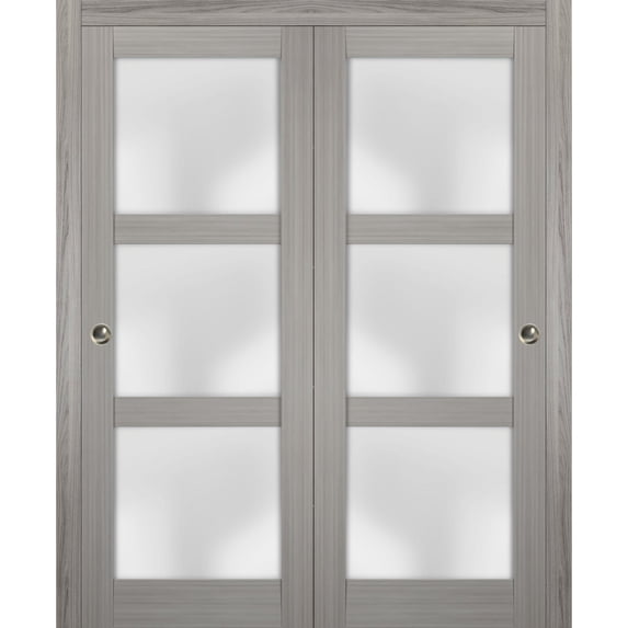 Sliding Closet Frosted Glass Bypass Doors 36 x 96 inches | Lucia 2552 Grey Ash | Sturdy Top Mount Rails Moldings Trims Hardware Set | Wood Solid Bedroom Wardrobe Doors