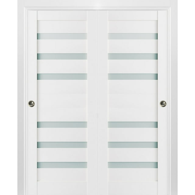 Sliding Closet Frosted Glass Bypass Doors 36 x 96 inches | Quadro 4266 White Silk | Sturdy Top Mount Rails Moldings Trims Hardware Set | Wood Solid Bedroom Wardrobe Doors