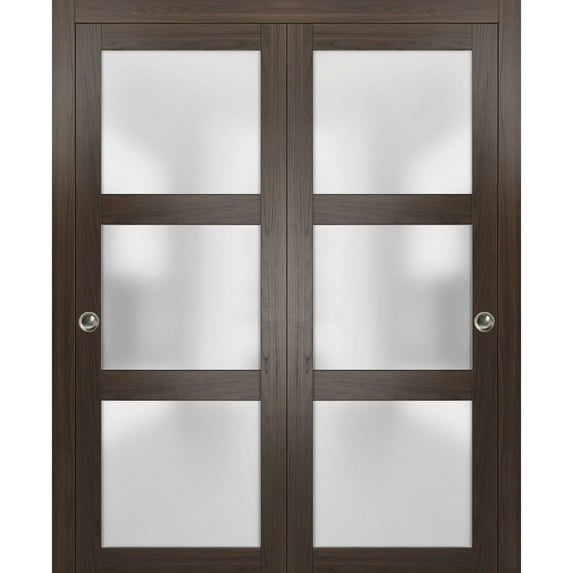 Sliding Closet Frosted Glass Bypass Doors 48 x 84 inches | Lucia 2552 Chocolate Ash | Sturdy Top Mount Rails Moldings Trims Hardware Set | Wood Solid Bedroom Wardrobe Doors
