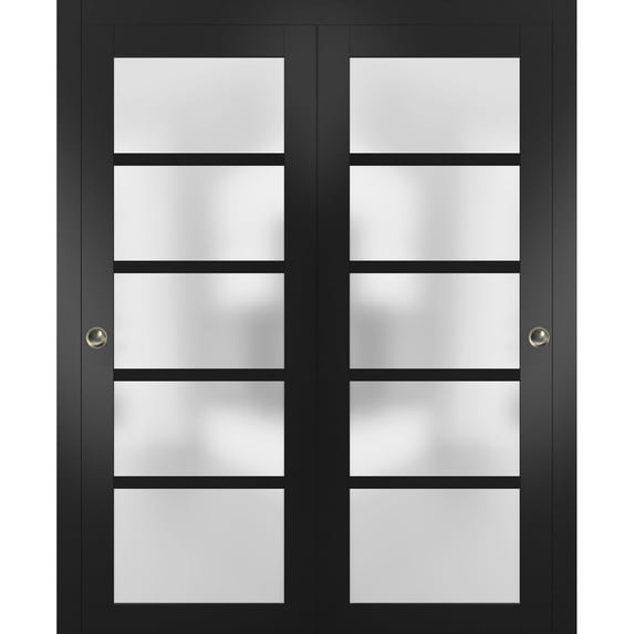 Sliding Closet Frosted Glass Bypass Doors 48 x 96 inches | Quadro 4002 Matte Black | Sturdy Top Mount Rails Moldings Trims Hardware Set | Wood Solid Bedroom Wardrobe Doors