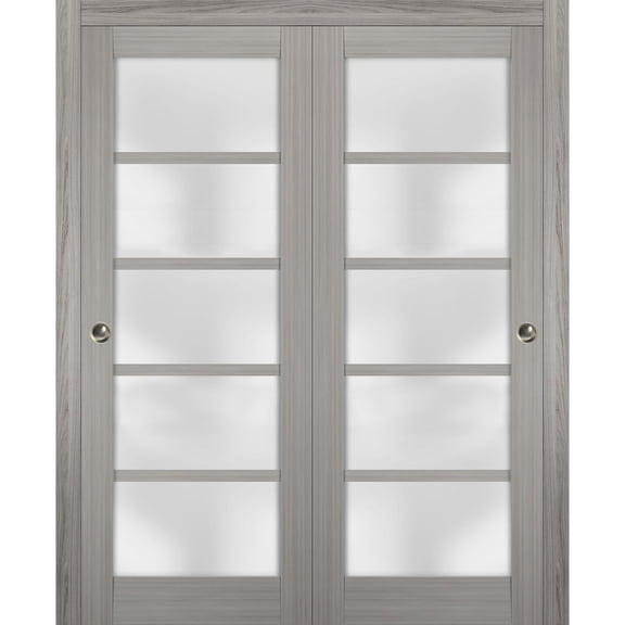 Sliding Closet Frosted Glass Bypass Doors 56 x 80 inches | Quadro 4002 Grey Ash | Sturdy Top Mount Rails Moldings Trims Hardware Set | Wood Solid Bedroom Wardrobe Doors