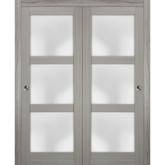 Sliding Closet Frosted Glass Bypass Doors 60 x 80 inches | Lucia 2552 Grey Ash | Sturdy Top Mount Rails Moldings Trims Hardware Set | Wood Solid Bedroom Wardrobe Doors