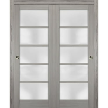 Sliding Closet Frosted Glass Bypass Doors 60 x 80 inches | Quadro 4002 Grey Ash | Sturdy Top Mount Rails Moldings Trims Hardware Set | Wood Solid Bedroom Wardrobe Doors