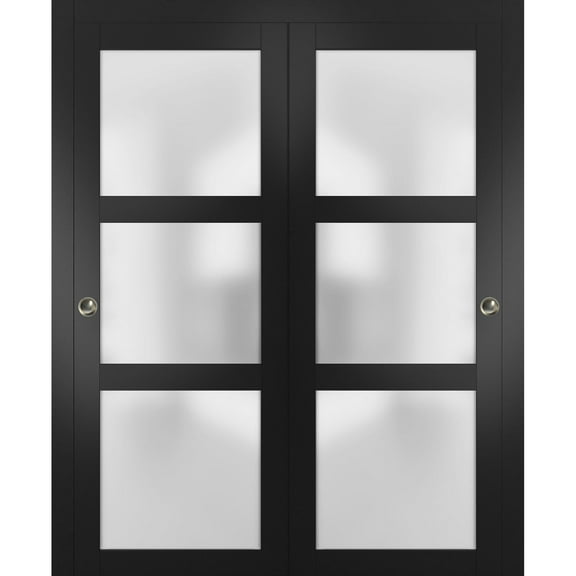 Sliding Closet Frosted Glass Bypass Doors 60 x 96 inches | Lucia 2552 Matte Black | Sturdy Top Mount Rails Moldings Trims Hardware Set | Wood Solid Bedroom Wardrobe Doors