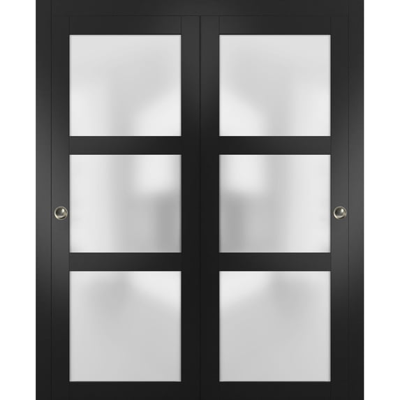 Sliding Closet Frosted Glass Bypass Doors 60 x 96 inches | Lucia 2552 Matte Black | Sturdy Top Mount Rails Moldings Trims Hardware Set | Wood Solid Bedroom Wardrobe Doors