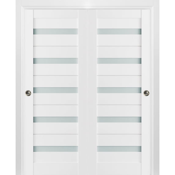 Sliding Closet Frosted Glass Bypass Doors 60 x 96 inches | Quadro 4445 White Silk | Sturdy Top Mount Rails Moldings Trims Hardware Set | Wood Solid Bedroom Wardrobe Doors