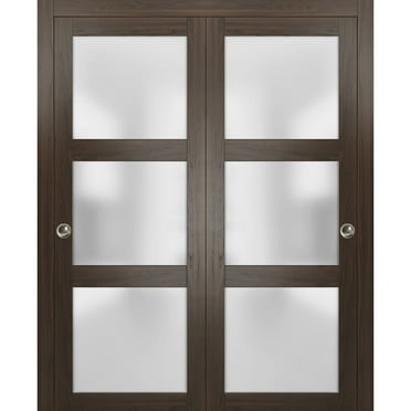 Sliding Closet Frosted Glass Bypass Doors 64 x 80 inches | Lucia 2552 Chocolate Ash | Sturdy Top Mount Rails Moldings Trims Hardware Set | Wood Solid Bedroom Wardrobe Doors