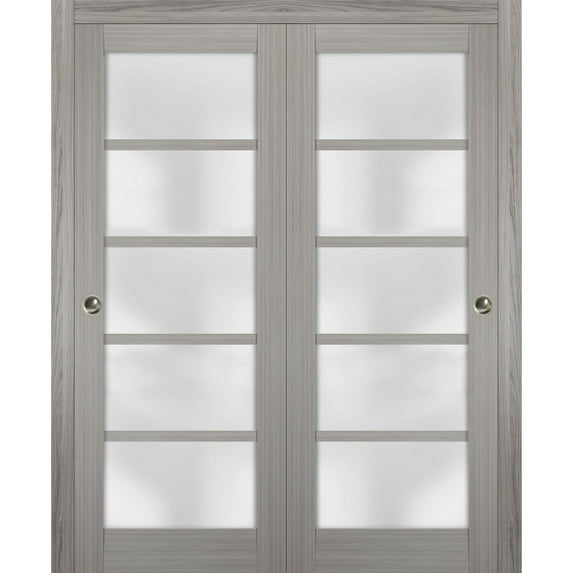 Sliding Closet Frosted Glass Bypass Doors 64 x 80 inches | Quadro 4002 Grey Ash | Sturdy Top Mount Rails Moldings Trims Hardware Set | Wood Solid Bedroom Wardrobe Doors