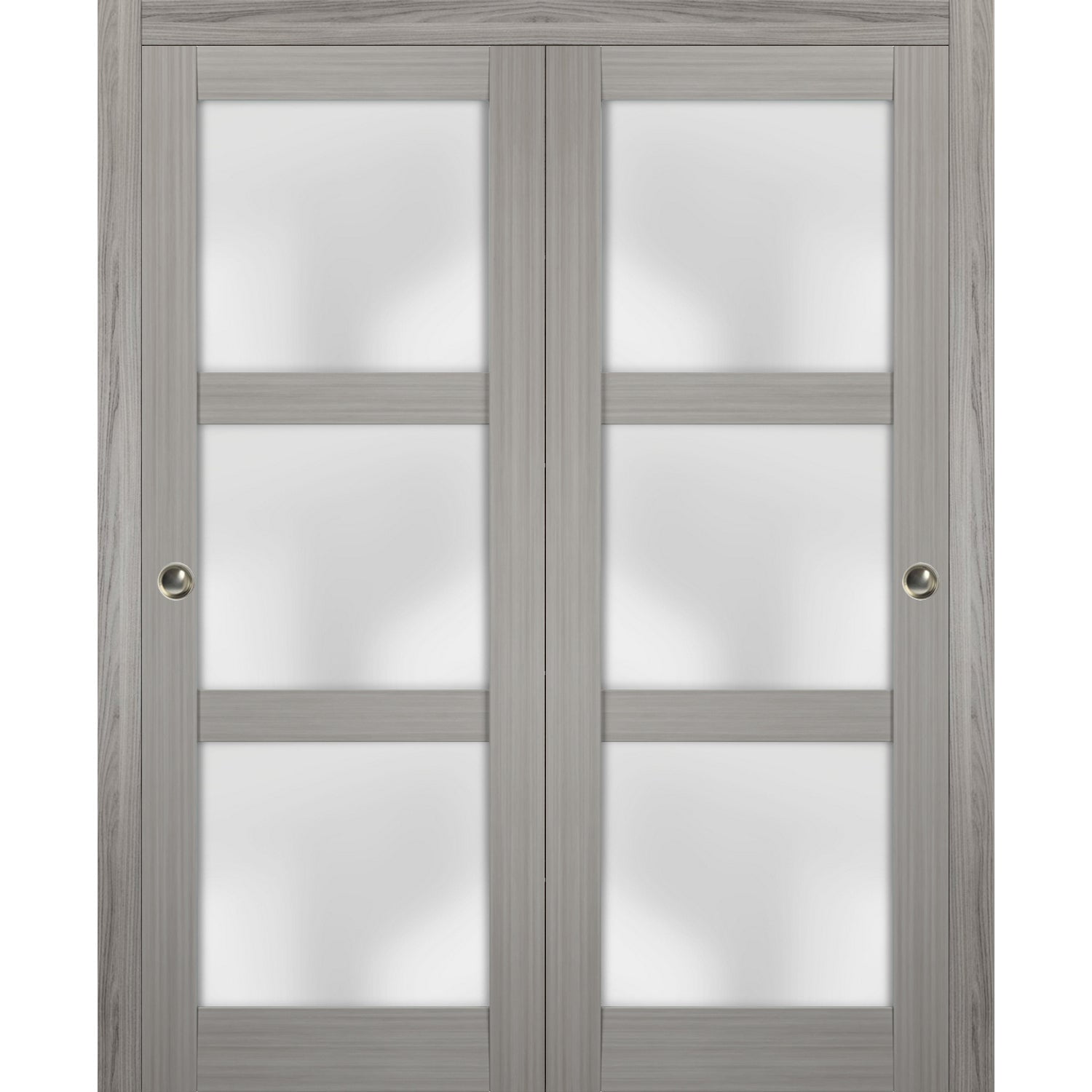 Sliding Closet Frosted Glass Bypass Doors 64 x 84 inches | Lucia 2552 Grey Ash | Sturdy Top Mount Rails Moldings Trims Hardware Set | Wood Solid Bedroom Wardrobe Doors