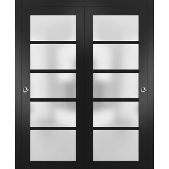 Sliding Closet Frosted Glass Bypass Doors 64 x 84 inches | Quadro 4002 Matte Black | Sturdy Top Mount Rails Moldings Trims Hardware Set | Wood Solid Bedroom Wardrobe Doors