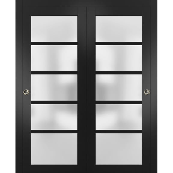 Sliding Closet Frosted Glass Bypass Doors 72 x 80 inches | Quadro 4002 Matte Black | Sturdy Top Mount Rails Moldings Trims Hardware Set | Wood Solid Bedroom Wardrobe Doors