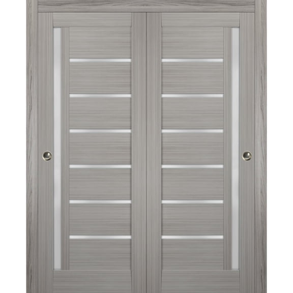 Sliding Closet Frosted Glass Bypass Doors 72 x 80 inches | Quadro 4088 Grey Ash | Sturdy Top Mount Rails Moldings Trims Hardware Set | Wood Solid Bedroom Wardrobe Doors