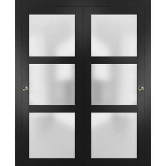Sliding Closet Frosted Glass Bypass Doors 72 x 96 inches | Lucia 2552 Matte Black | Sturdy Top Mount Rails Moldings Trims Hardware Set | Wood Solid Bedroom Wardrobe Doors