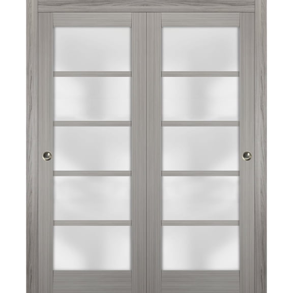 Sliding Closet Frosted Glass Bypass Doors 72 x 96 inches | Quadro 4002 Grey Ash | Sturdy Top Mount Rails Moldings Trims Hardware Set | Wood Solid Bedroom Wardrobe Doors