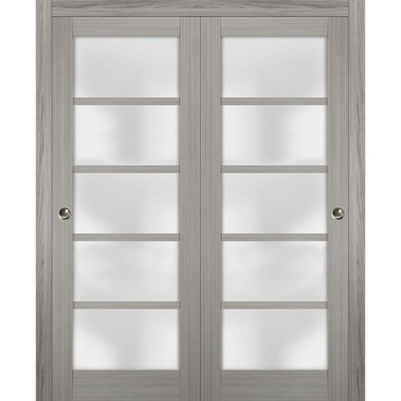 Sliding Closet Frosted Glass Bypass Doors 84 x 80 inches | Quadro 4002 Grey Ash | Sturdy Top Mount Rails Moldings Trims Hardware Set | Wood Solid Bedroom Wardrobe Doors