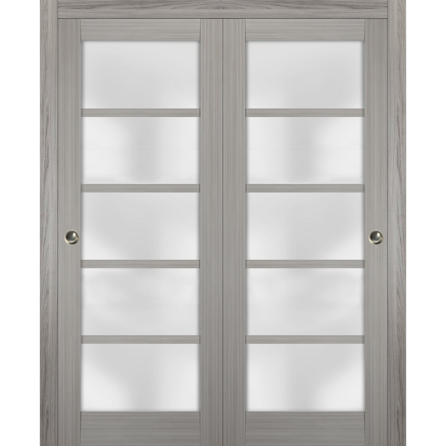 Sliding Closet Frosted Glass Bypass Doors 84 x 96 inches | Quadro 4002 Grey Ash | Sturdy Top Mount Rails Moldings Trims Hardware Set | Wood Solid Bedroom Wardrobe Doors
