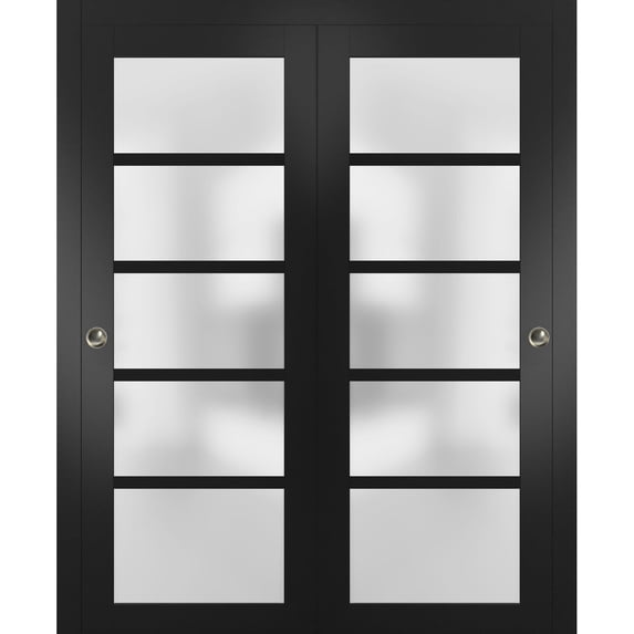 Sliding Closet Frosted Glass Bypass Doors 84 x 96 inches | Quadro 4002 Matte Black | Sturdy Top Mount Rails Moldings Trims Hardware Set | Wood Solid Bedroom Wardrobe Doors