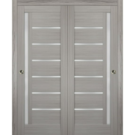 Sliding Closet Frosted Glass Bypass Doors 84 x 96 inches | Quadro 4088 Grey Ash | Sturdy Top Mount Rails Moldings Trims Hardware Set | Wood Solid Bedroom Wardrobe Doors