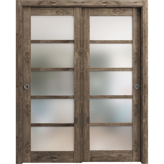 Sliding Closet Frosted Glass Bypass Doors | Quadro 4002 Cognac Oak | Sturdy Rails Moldings Trims Hardware Set | Wood Solid Bedroom Wardrobe Doors -48" x 80" (2* 24x80)