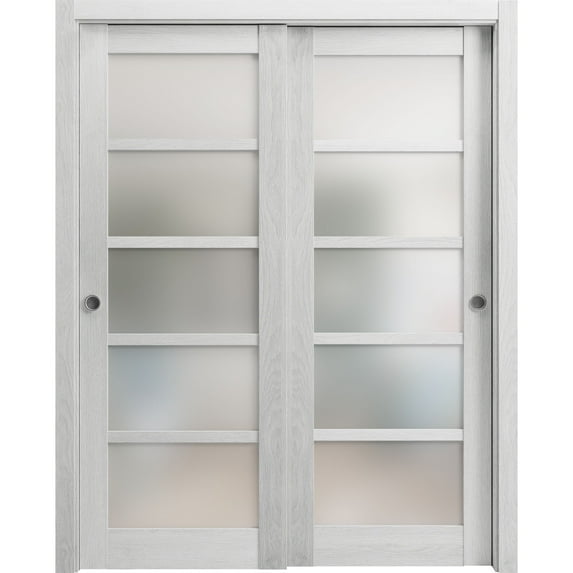 Sliding Closet Frosted Glass Bypass Doors | Quadro 4002 Light Grey Oak | Sturdy Rails Moldings Trims Hardware Set | Wood Solid Bedroom Wardrobe Doors -84" x 80" (2* 42x80)