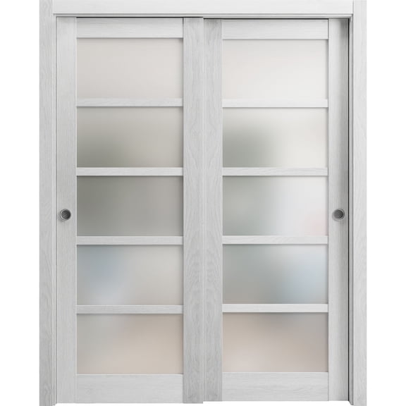 Sliding Closet Frosted Glass Bypass Doors | Quadro 4002 Light Grey Oak | Sturdy Rails Moldings Trims Hardware Set | Wood Solid Bedroom Wardrobe Doors -84" x 84" (2* 42x84)