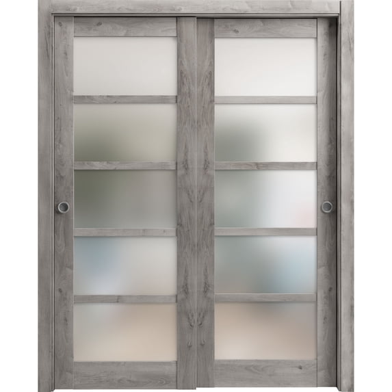 Sliding Closet Frosted Glass Bypass Doors | Quadro 4002 Nebraska Grey | Sturdy Rails Moldings Trims Hardware Set | Wood Solid Bedroom Wardrobe Doors -60" x 96" (2* 30x96)