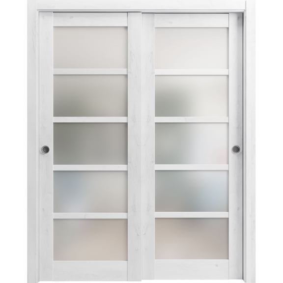 Sliding Closet Frosted Glass Bypass Doors | Quadro 4002 Nordic White | Sturdy Rails Moldings Trims Hardware Set | Wood Solid Bedroom Wardrobe Doors -48" x 80" (2* 24x80)