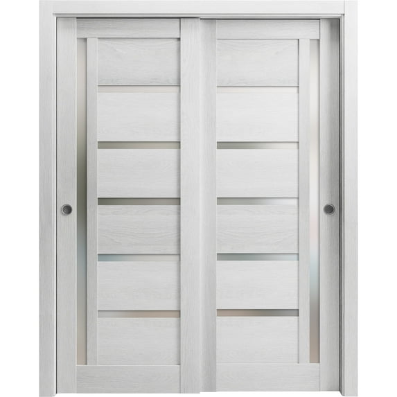 Sliding Closet Frosted Glass Bypass Doors | Quadro 4088 Light Grey Oak | Sturdy Rails Moldings Trims Hardware Set | Wood Solid Bedroom Wardrobe Doors -84" x 80" (2* 42x80)
