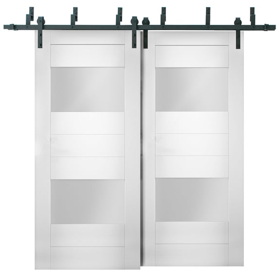 Sliding Closet Opaque Glass 2 Lites Barn Bypass Doors 64 x 96 inches / Sete 6222 White Silk / Modern 6.6ft Rails Hardware Set / Wood Solid Bedroom Wardrobe Doors