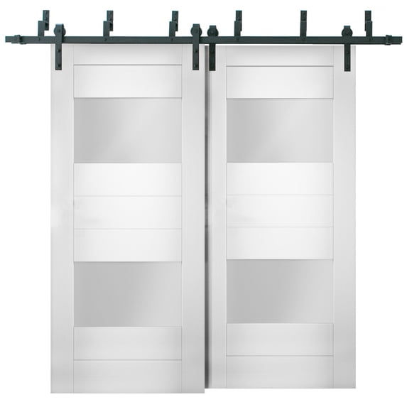 Sliding Closet Opaque Glass 2 Lites Barn Bypass Doors 84 x 80 inches / Sete 6222 White Silk / Modern 8ft Rails Hardware Set / Wood Solid Bedroom Wardrobe Doors