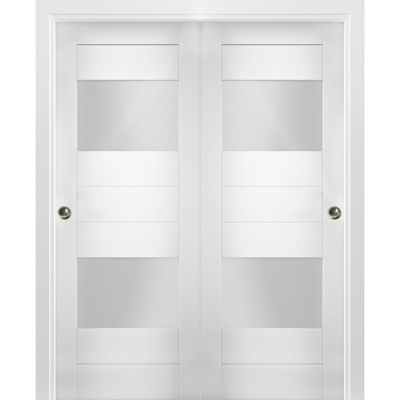 Sliding Closet Opaque Glass 2 Lites Bypass Doors 64 x 80 inches / Sete 6222 White Silk / Rails Hardware Set / Wood Solid Bedroom Wardrobe Doors