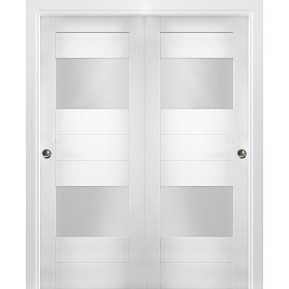 Sliding Closet Opaque Glass 2 Lites Bypass Doors 72 x 84 inches / Sete 6222 White Silk / Rails Hardware Set / Wood Solid Bedroom Wardrobe Doors