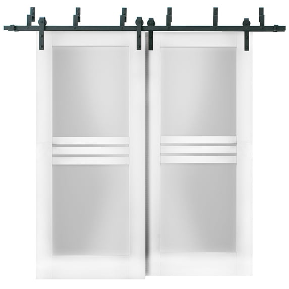 Sliding Closet Opaque Glass 4 Lites Barn Bypass Doors 56 x 80 inches / Mela 7222 White Silk / Modern 6.6ft Rails Hardware Set / Wood Solid Bedroom Wardrobe Doors
