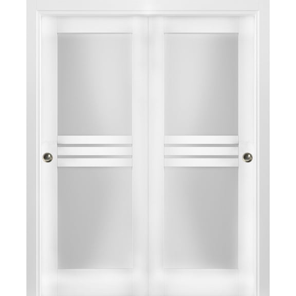 Sliding Closet Opaque Glass 4 Lites Bypass Doors 64 x 80 inches / Mela 7222 White Silk / Rails Hardware Set / Wood Solid Bedroom Wardrobe Doors