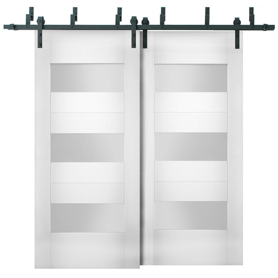 Sliding Closet Opaque Glass Barn Bypass Doors 60 x 80 inches / Sete 6003 White Silk / Modern 6.6ft Rails Hardware Set / Wood Solid Bedroom Wardrobe Doors