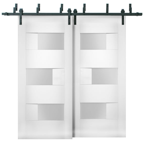 Sliding Closet Opaque Glass Barn Bypass Doors 84 x 80 inches / Sete 6933 White Silk / Modern 8ft Rails Hardware Set / Wood Solid Bedroom Wardrobe Doors