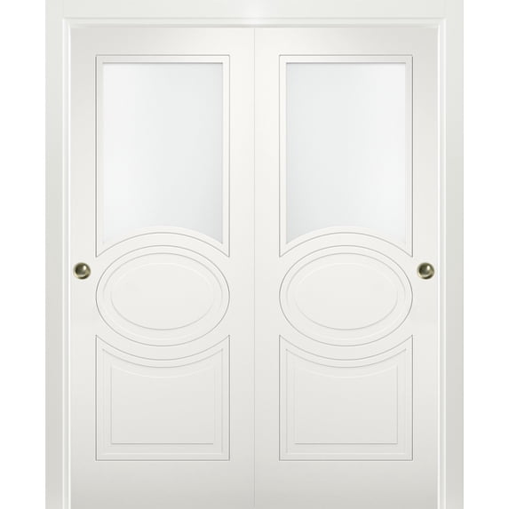 Sliding Closet Opaque Glass Bypass Doors 48 x 84 inches / Mela 7012 Matte White / Rails Hardware Set / Wood Solid Bedroom Wardrobe Doors