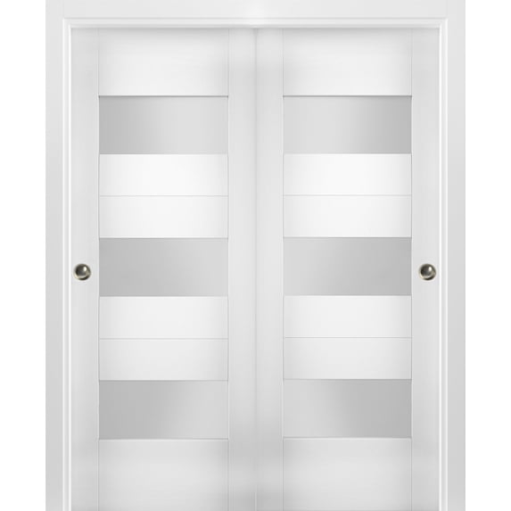 Sliding Closet Opaque Glass Bypass Doors 56 x 80 inches / Sete 6003 White Silk / Rails Hardware Set / Wood Solid Bedroom Wardrobe Doors