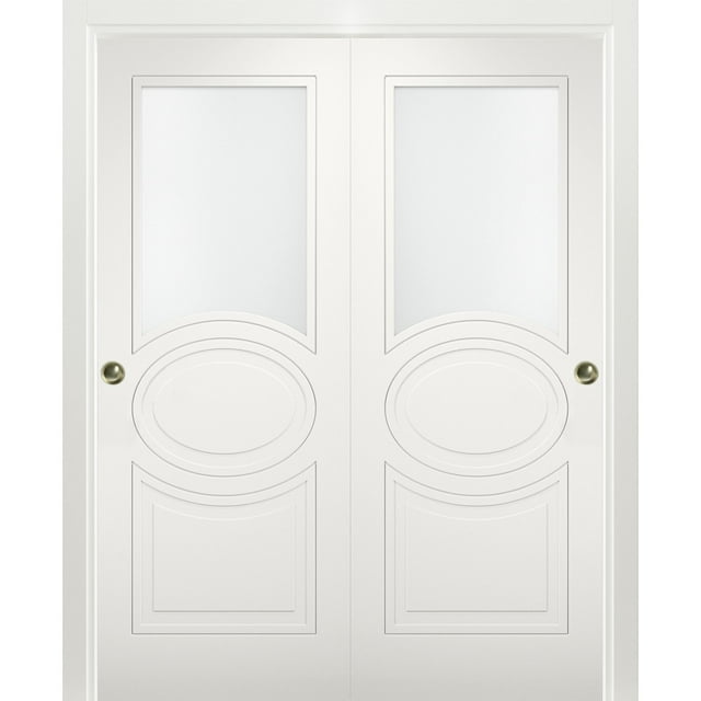 Sliding Closet Opaque Glass Bypass Doors 60 x 80 inches / Mela 7012 Matte White / Rails Hardware Set / Wood Solid Bedroom Wardrobe Doors