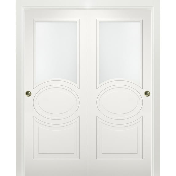 Sliding Closet Opaque Glass Bypass Doors 60 x 96 inches / Mela 7012 Matte White / Rails Hardware Set / Wood Solid Bedroom Wardrobe Doors