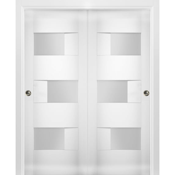 Sliding Closet Opaque Glass Bypass Doors 84 x 96 inches / Sete 6933 White Silk / Rails Hardware Set / Wood Solid Bedroom Wardrobe Doors