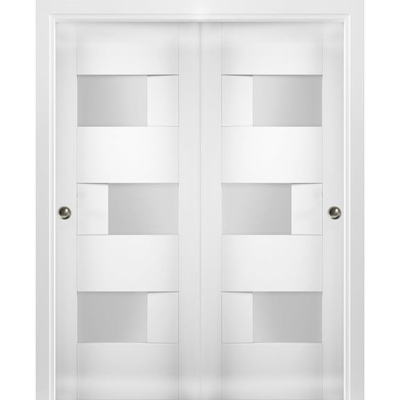 Sliding Closet Opaque Glass Bypass Doors 84 x 96 inches / Sete 6933 White Silk / Rails Hardware Set / Wood Solid Bedroom Wardrobe Doors